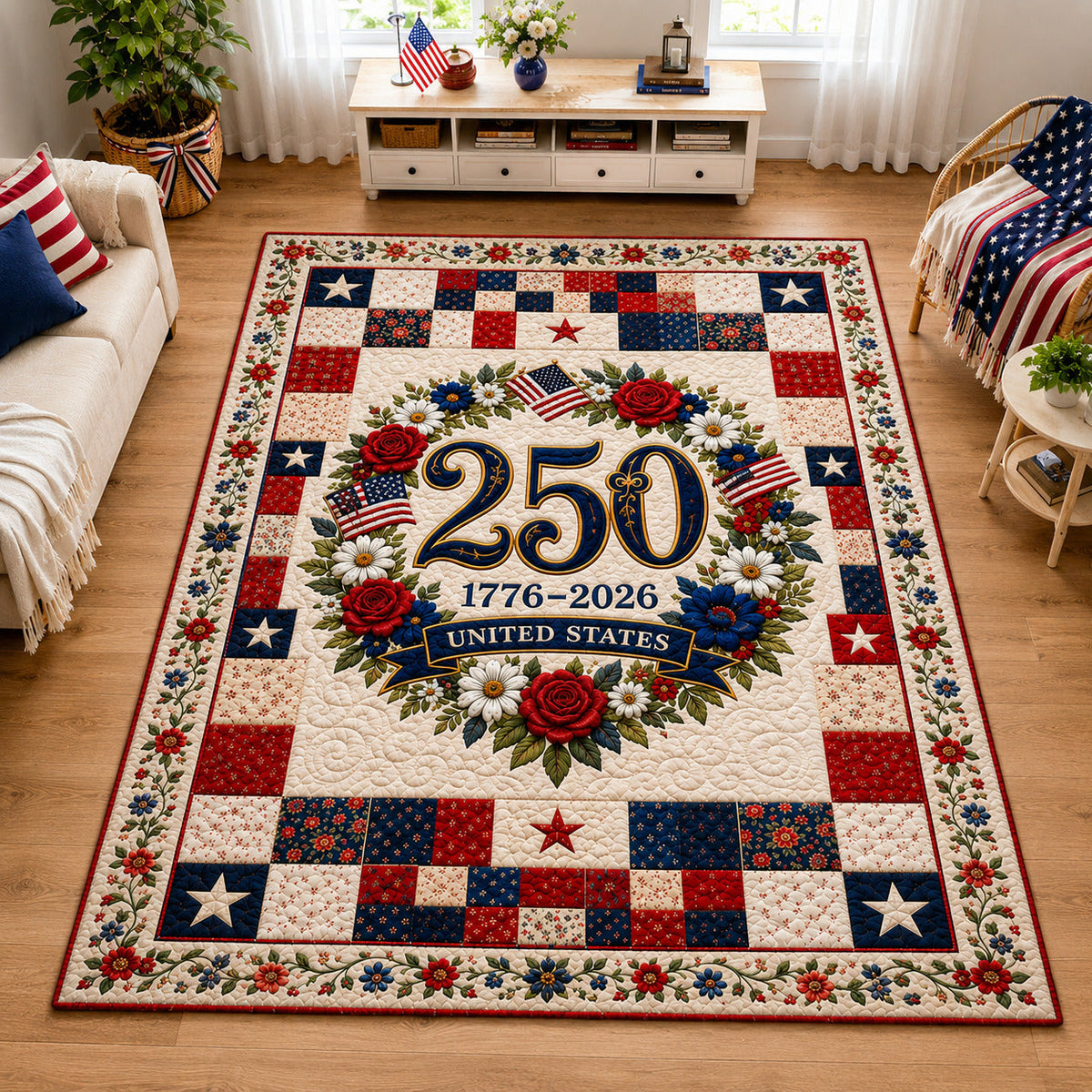 United States 250 area rug in a living room