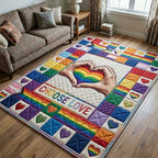 Unity Hands Love area rug in a living room