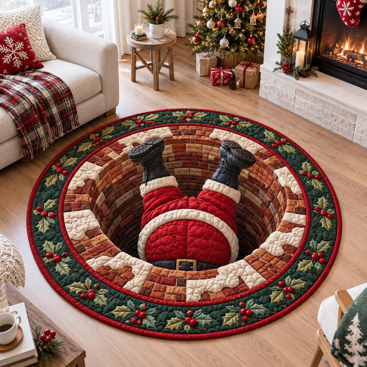 Upside Down Santa Round Mat Rug - Seasonal Design | Festive Home Decor - washable non-slip printed rug