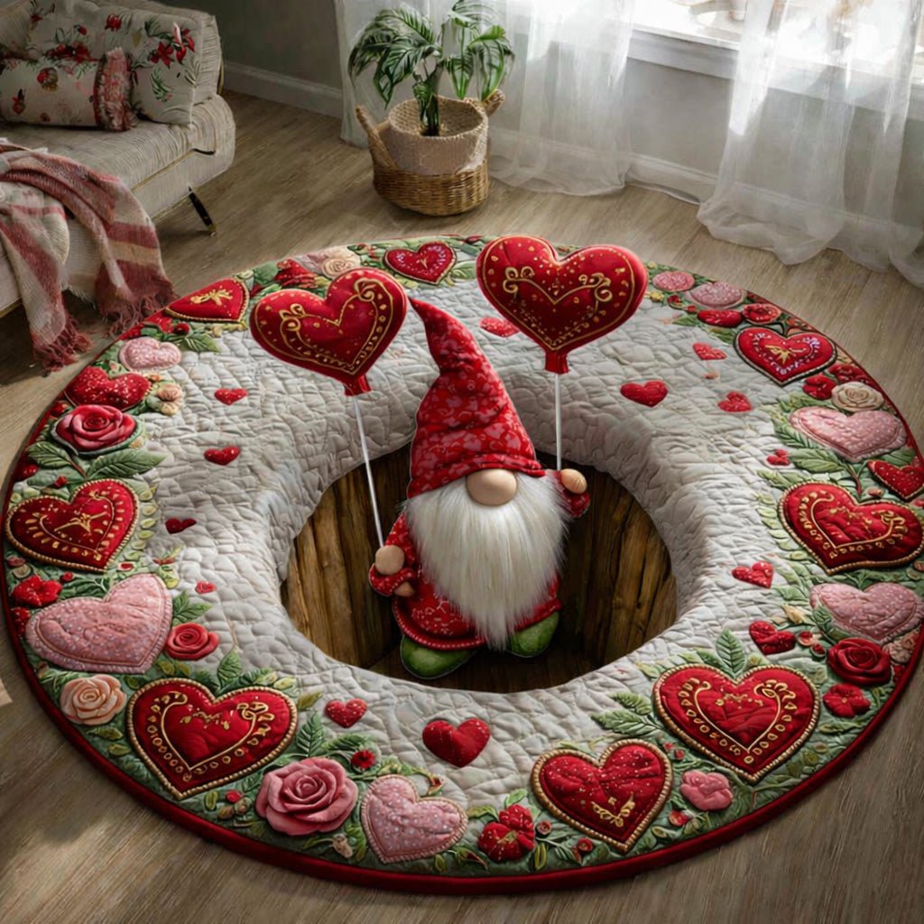 Valentine Heart Gnome Round Mat Rug - washable non-slip printed rug