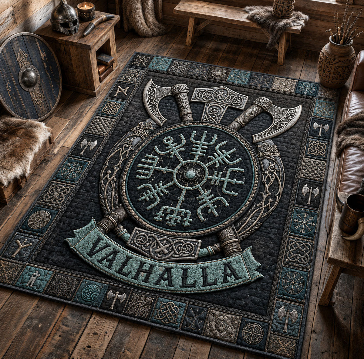 Valhalla Viking Compass area rug in a living room