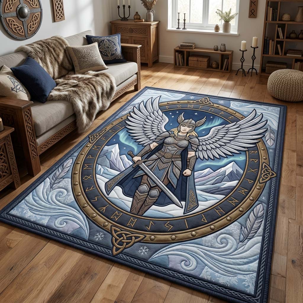 Valkyrie Shield Circle area rug in a living room