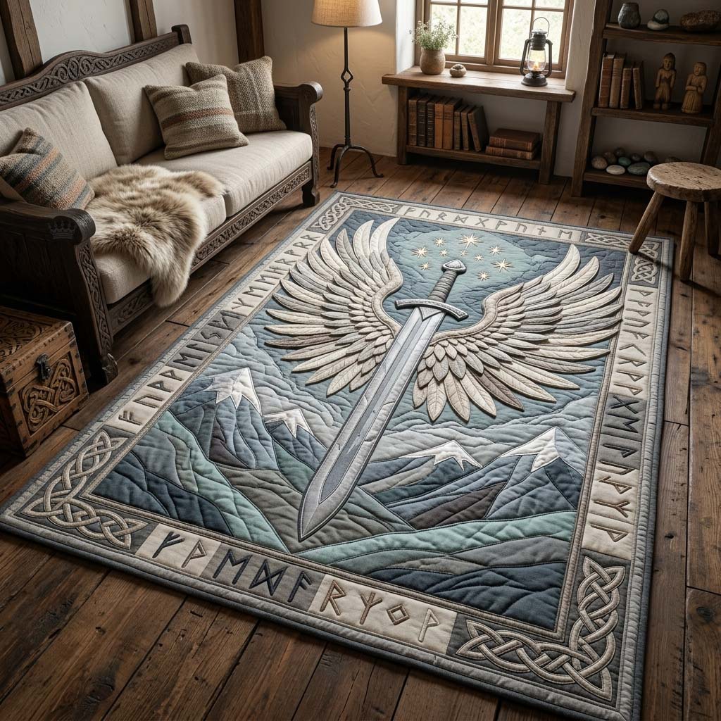 Valkyrie Sword Rug area rug in a living room