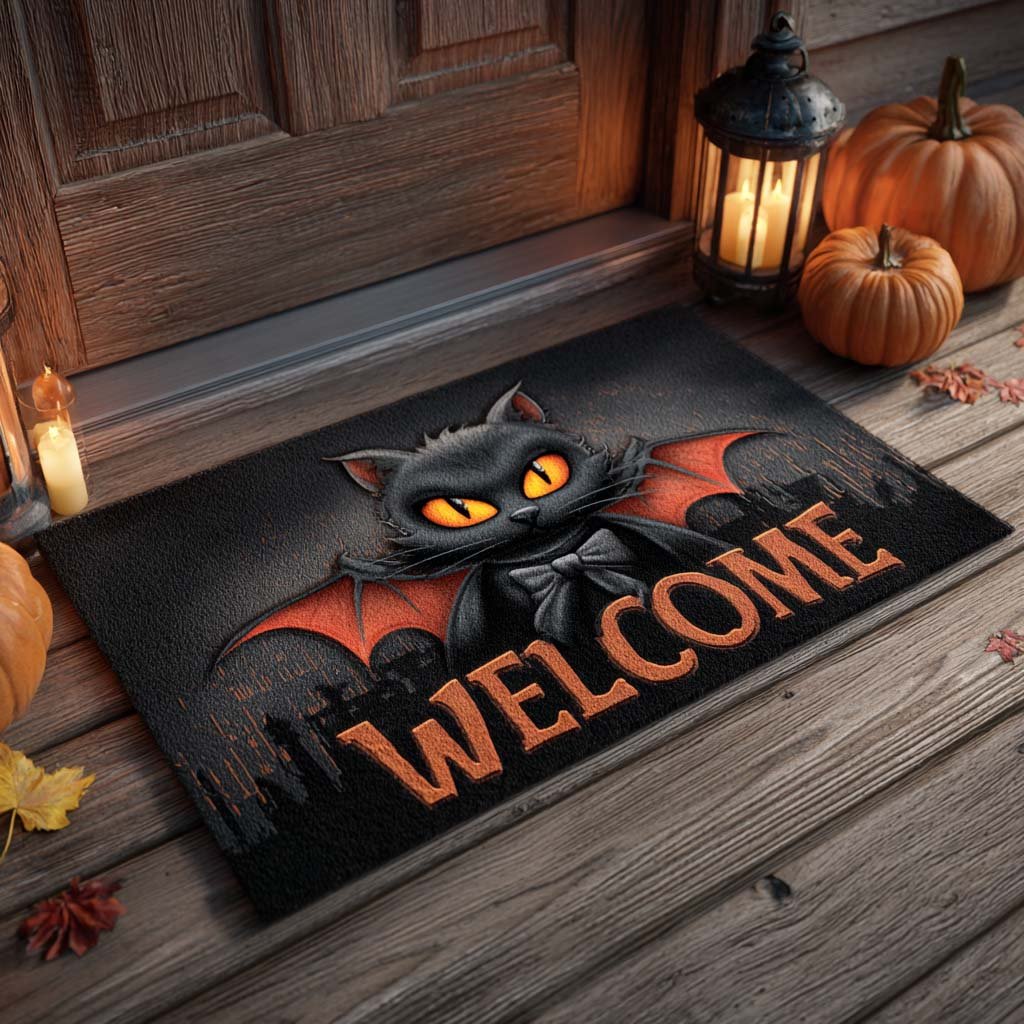 Vampire Black Cat Doormat - Cute Animal Design | Printed Welcome Doormat