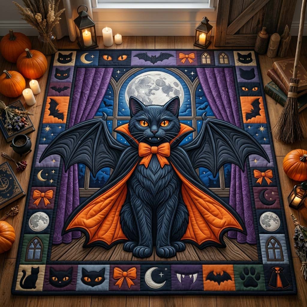 Vampire Cat Night area rug in a living room