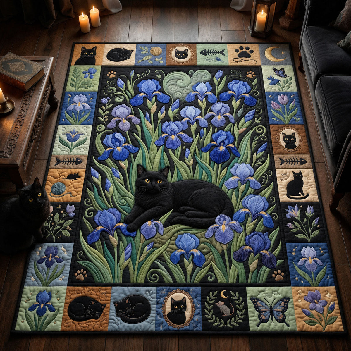 Van Gogh Irises Cat area rug in a living room