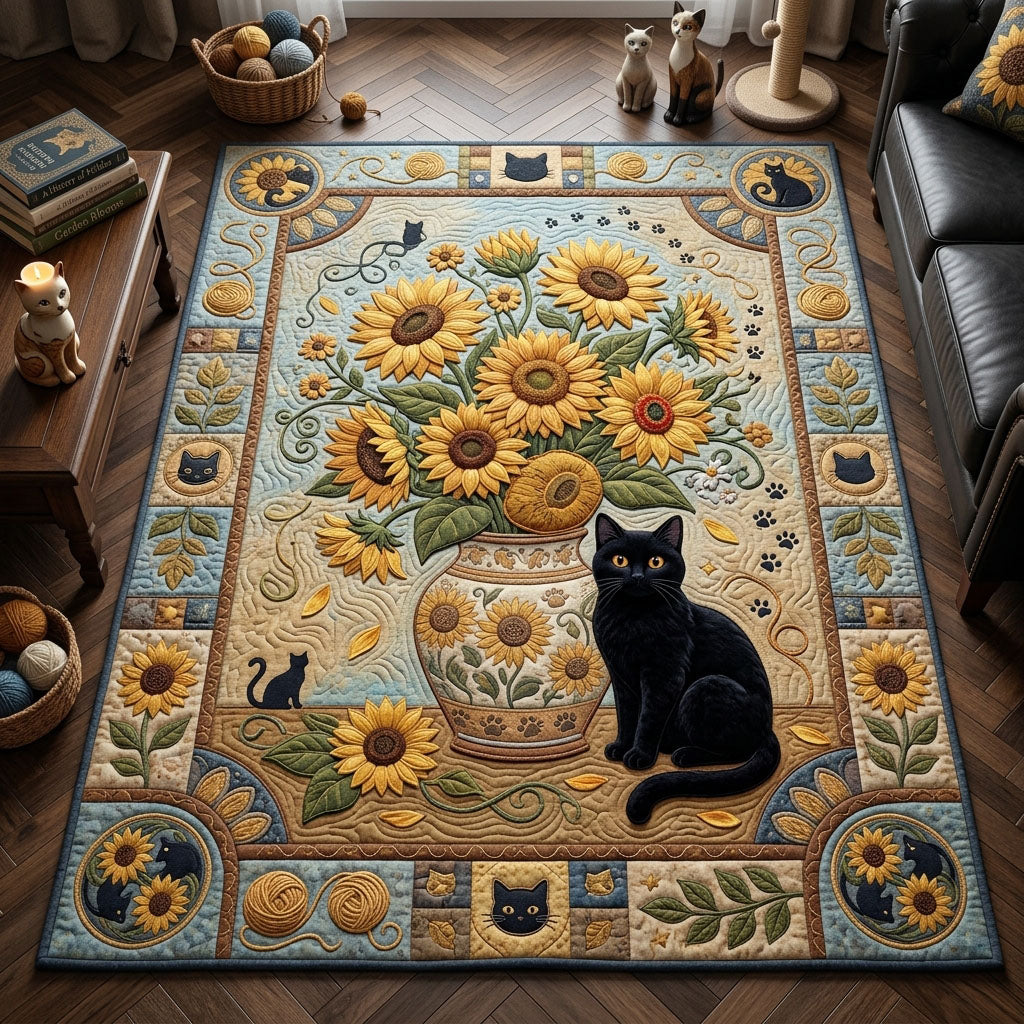 Van Gogh Sunflowers Cat area rug in a living room