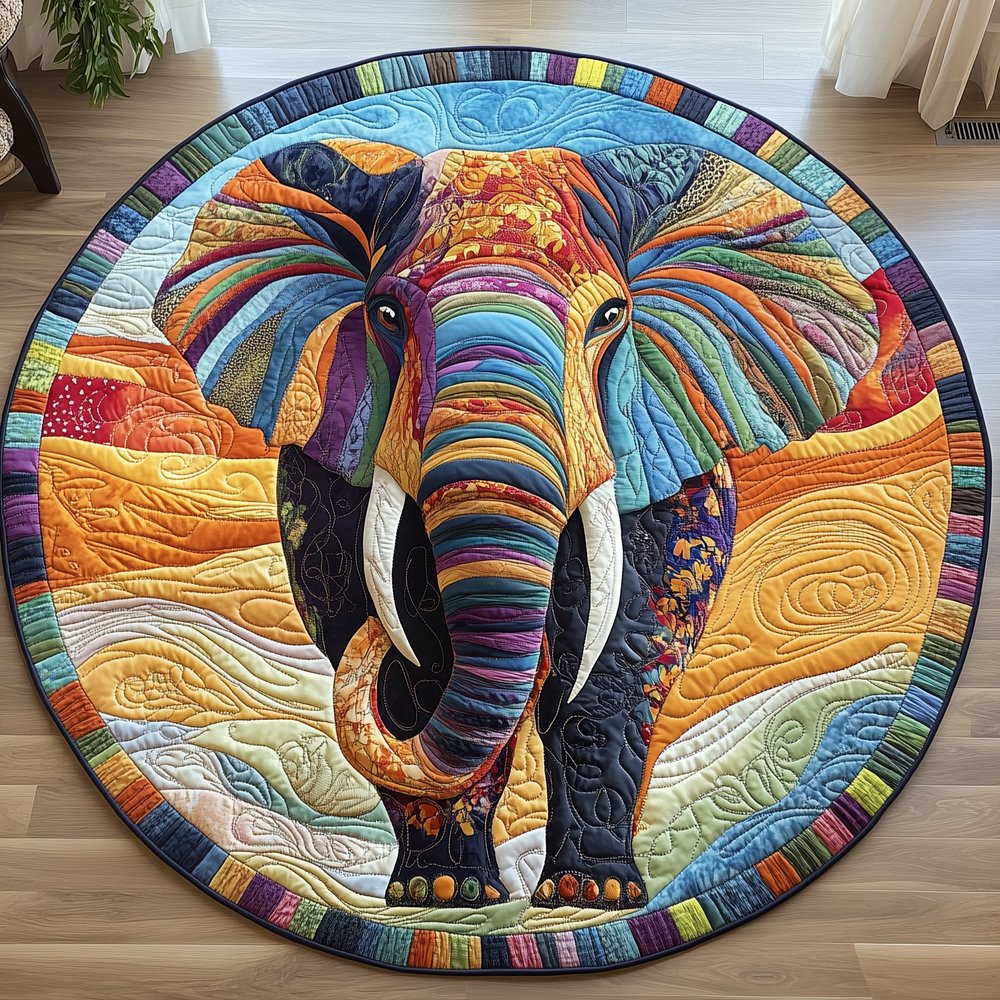 Vibrant Elephant Round Mat Rug - washable non-slip printed rug