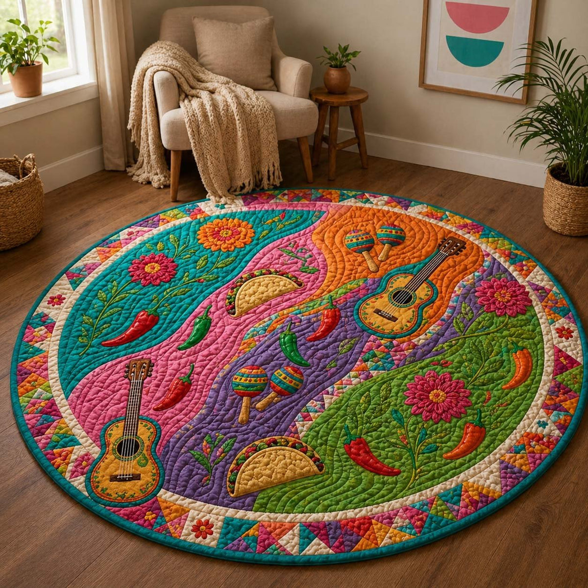 Vibrant Fiesta Garden Round Mat Rug - washable non-slip printed rug