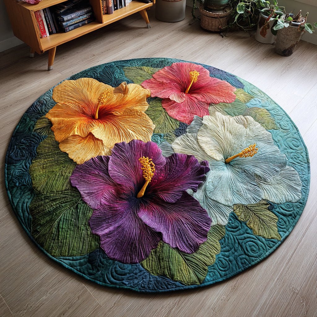 Vibrant Hibiscus Round Mat Rug - washable non-slip printed rug