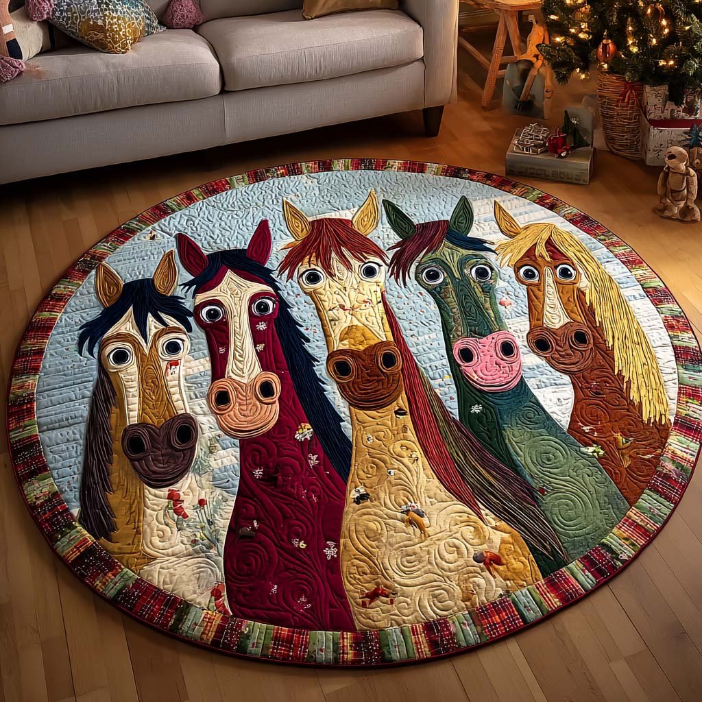 Vibrant Horses Round Mat Rug - washable non-slip printed rug