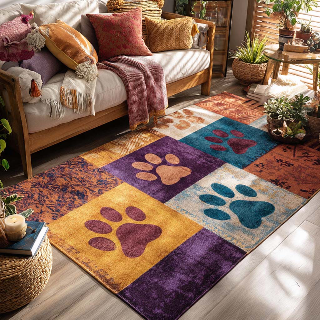 Vibrant Rainbow Paw area rug in a living room