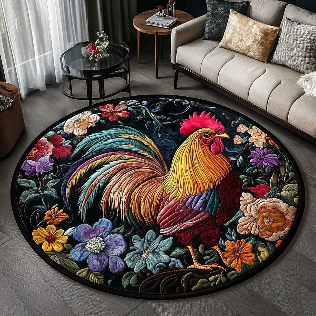 Vibrant Rooster Round Mat Rug - washable non-slip printed rug