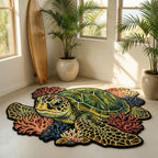 Vibrant Turtle Custom Shape Area Rug - Cute Animal Design | Die-Cut Non-Slip Rug - washable non-slip printed rug