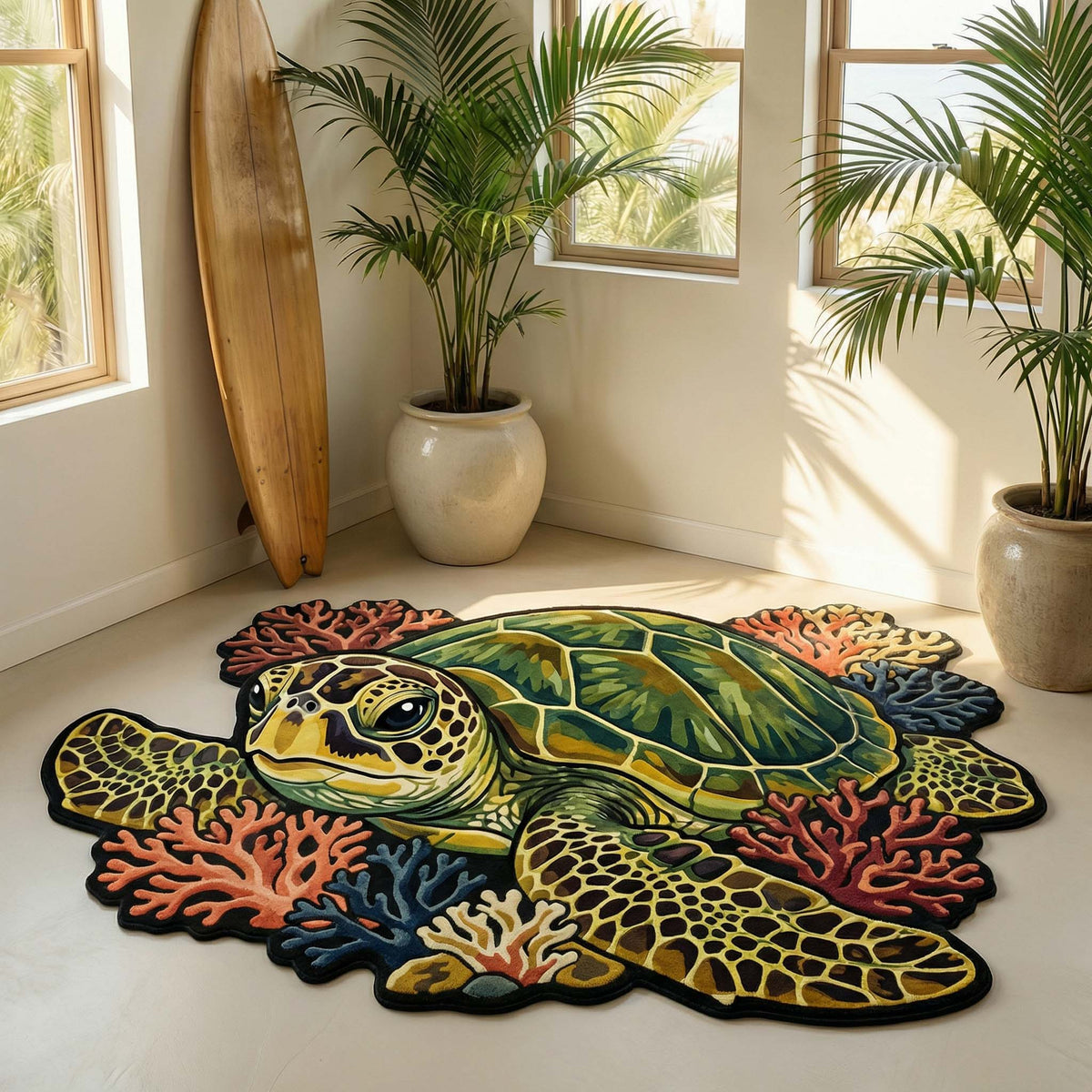 Vibrant Turtle Custom Shape Area Rug - Cute Animal Design | Die-Cut Non-Slip Rug - washable non-slip printed rug