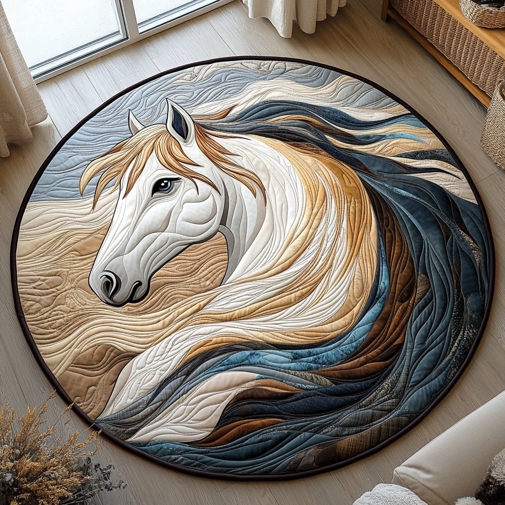 Vibrant White Horse Round Mat Rug - washable non-slip printed rug