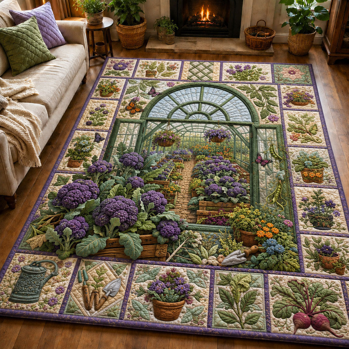 Victorian Greenhouse Lavender area rug in a living room