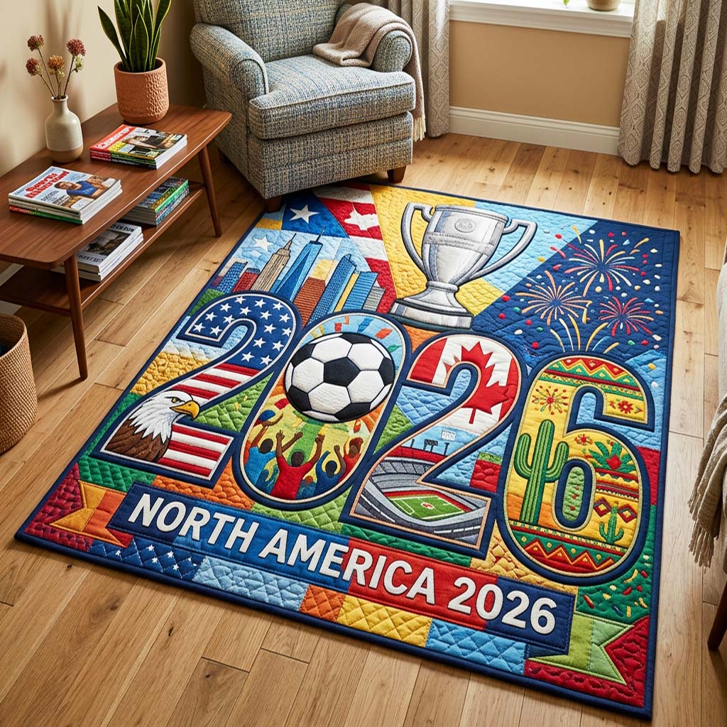 Victory Year area rug in a living room