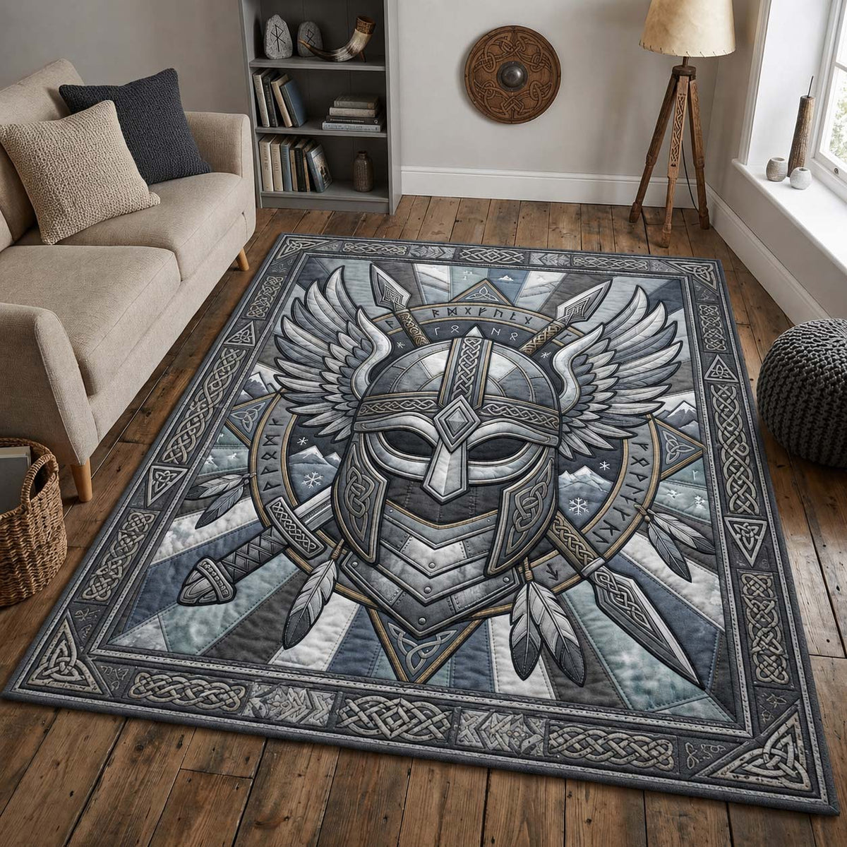 Viking Helmet Shield area rug in a living room