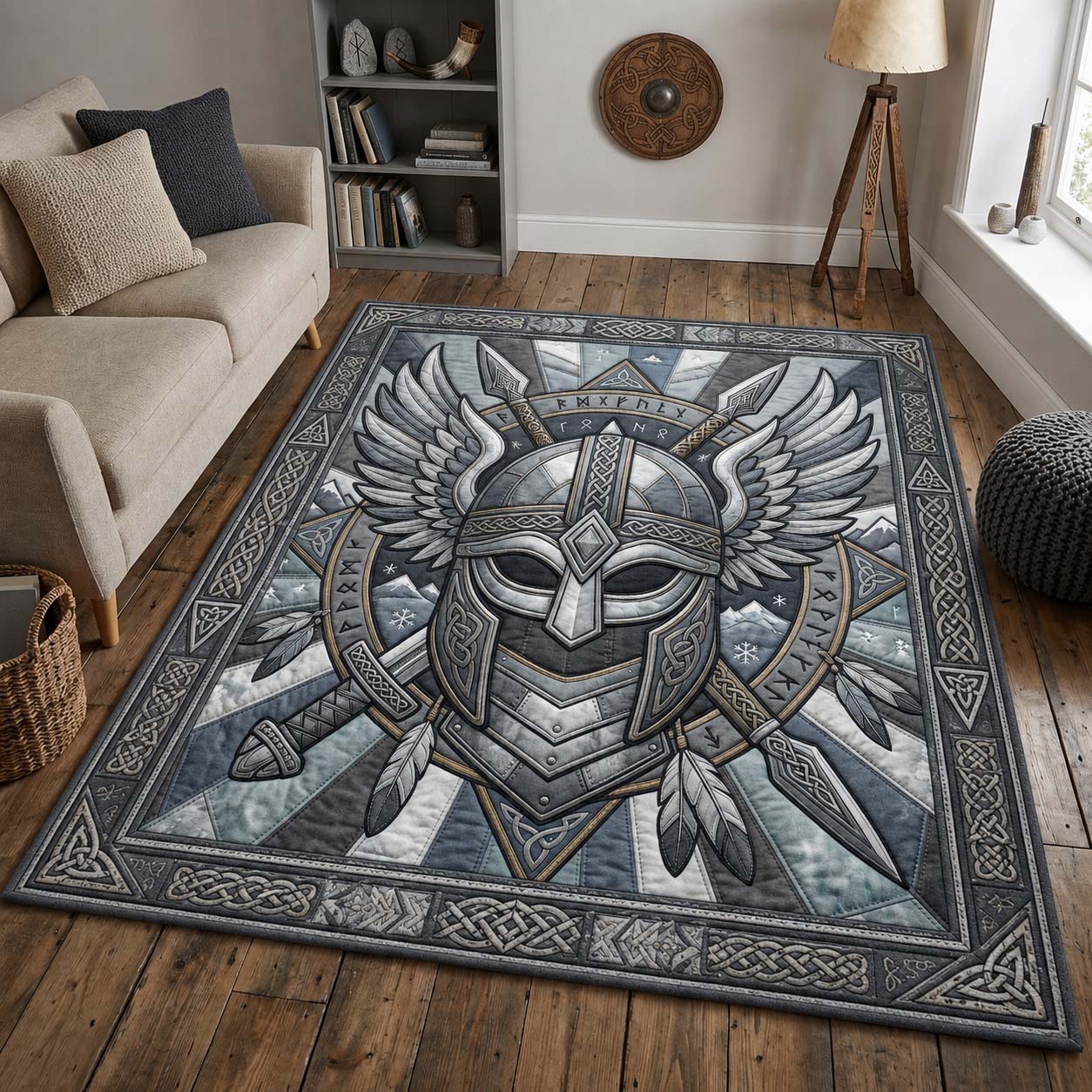 Viking Helmet Shield area rug in a living room