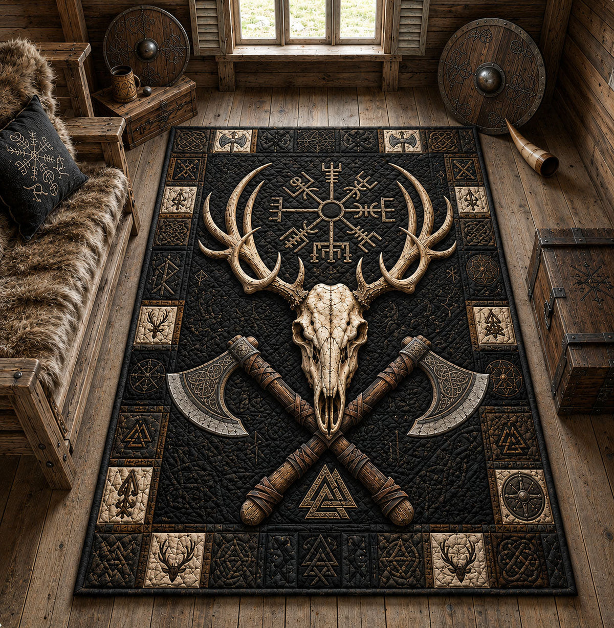 Viking Hunter Skull area rug in a living room