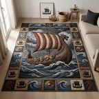Viking Longship Storm area rug in a living room