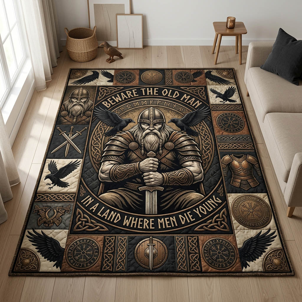Viking Warrior Raven area rug in a living room