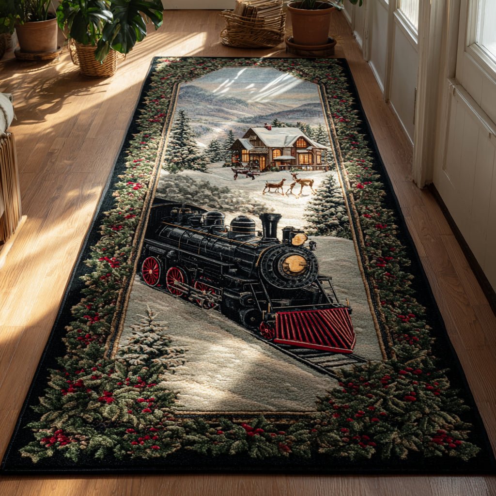 Village Christmas Train Runner Carpet Runner Rug - Cute Pet Design | Animal Printed Runner Rug