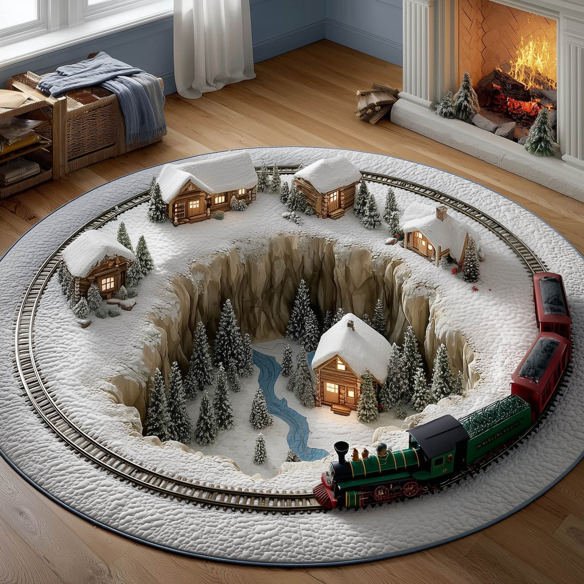 Village Station Round Mat Rug - washable non-slip printed rug