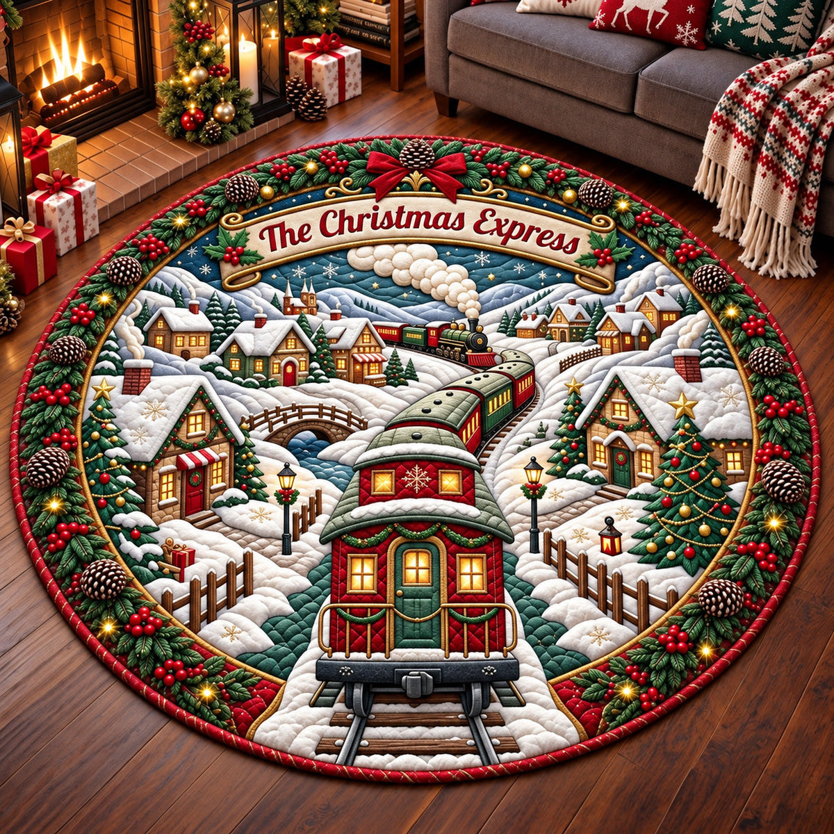 Village Train Round Mat Rug - Nature Design | Serene Home Decor - washable non-slip printed rug