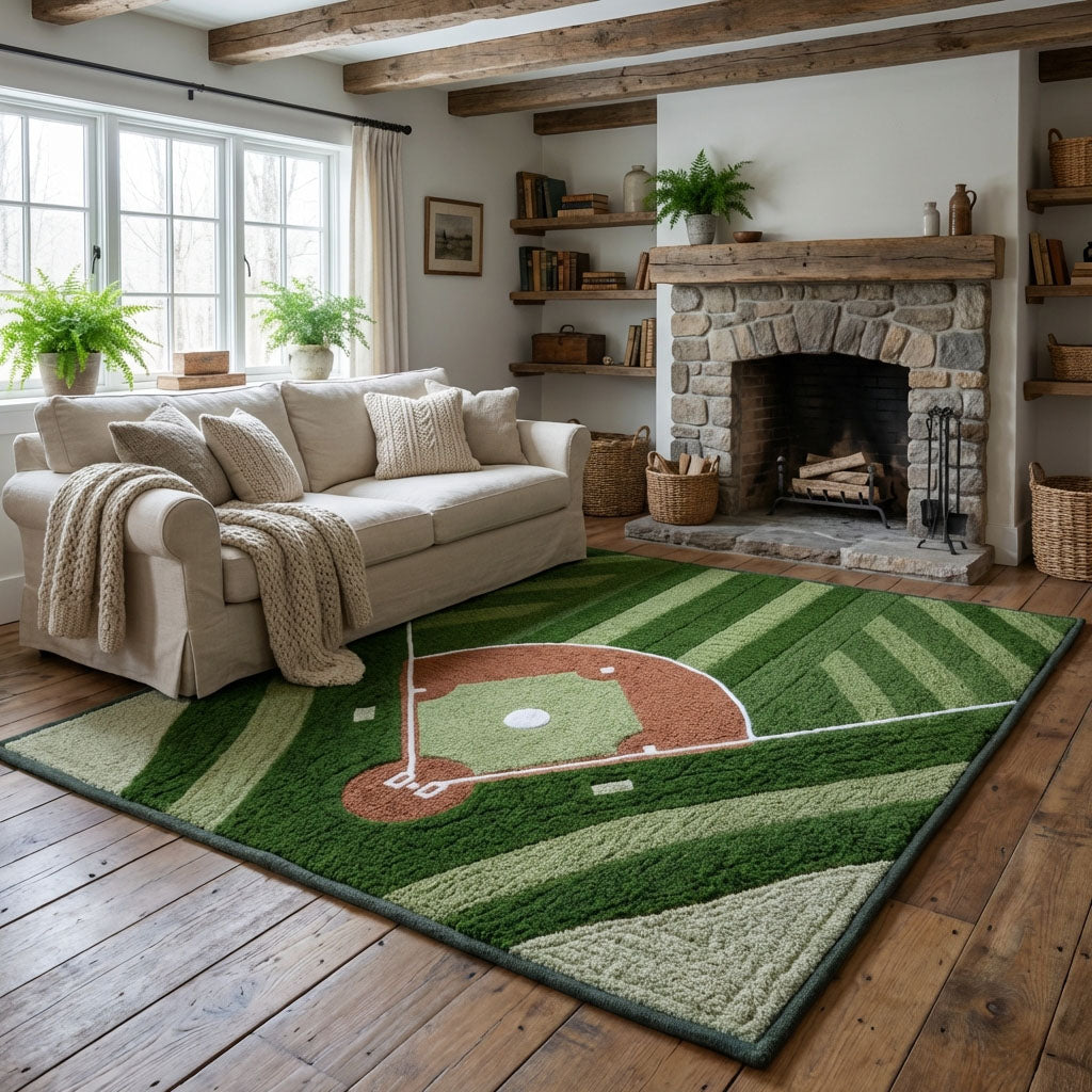 Vintage Baseball area rug in a living room