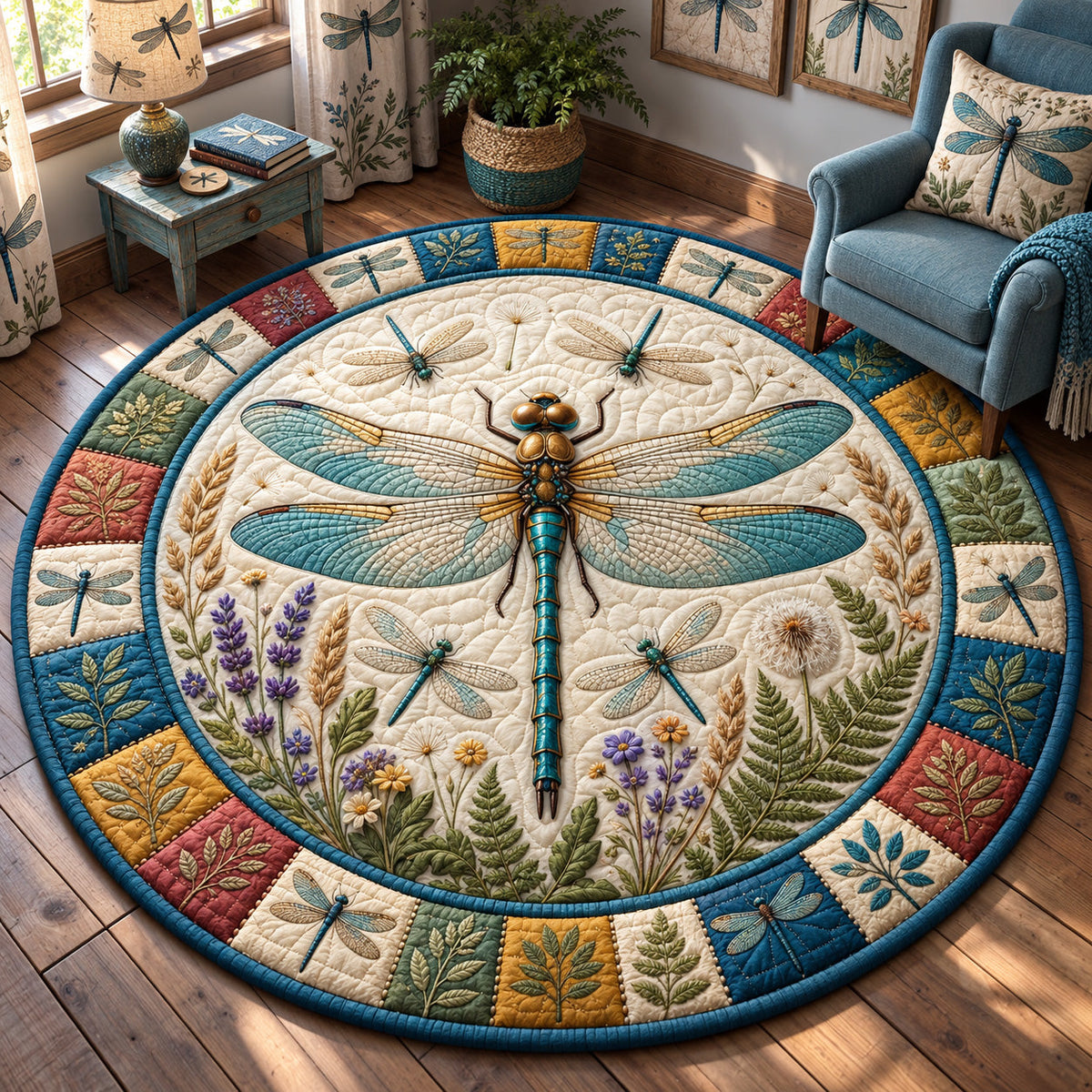 Vintage Dragonfly Garden Round Mat Rug - Cute Animal Design | Charming Home Decor - washable non-slip printed rug