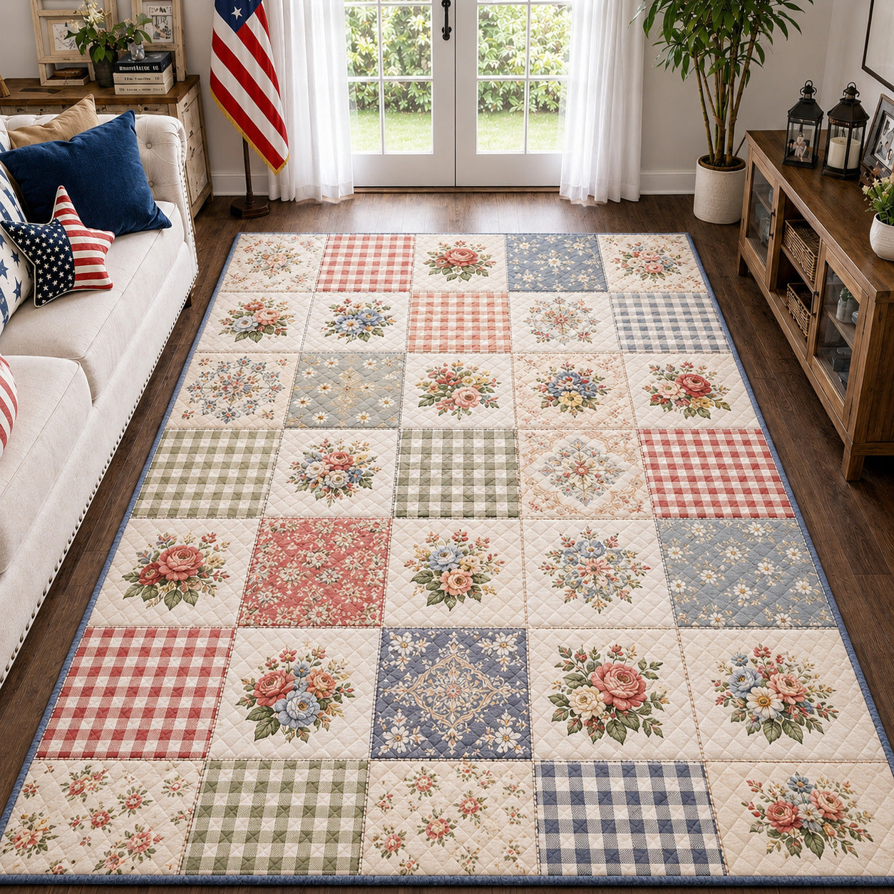 Vintage Patchwork area rug in a living room
