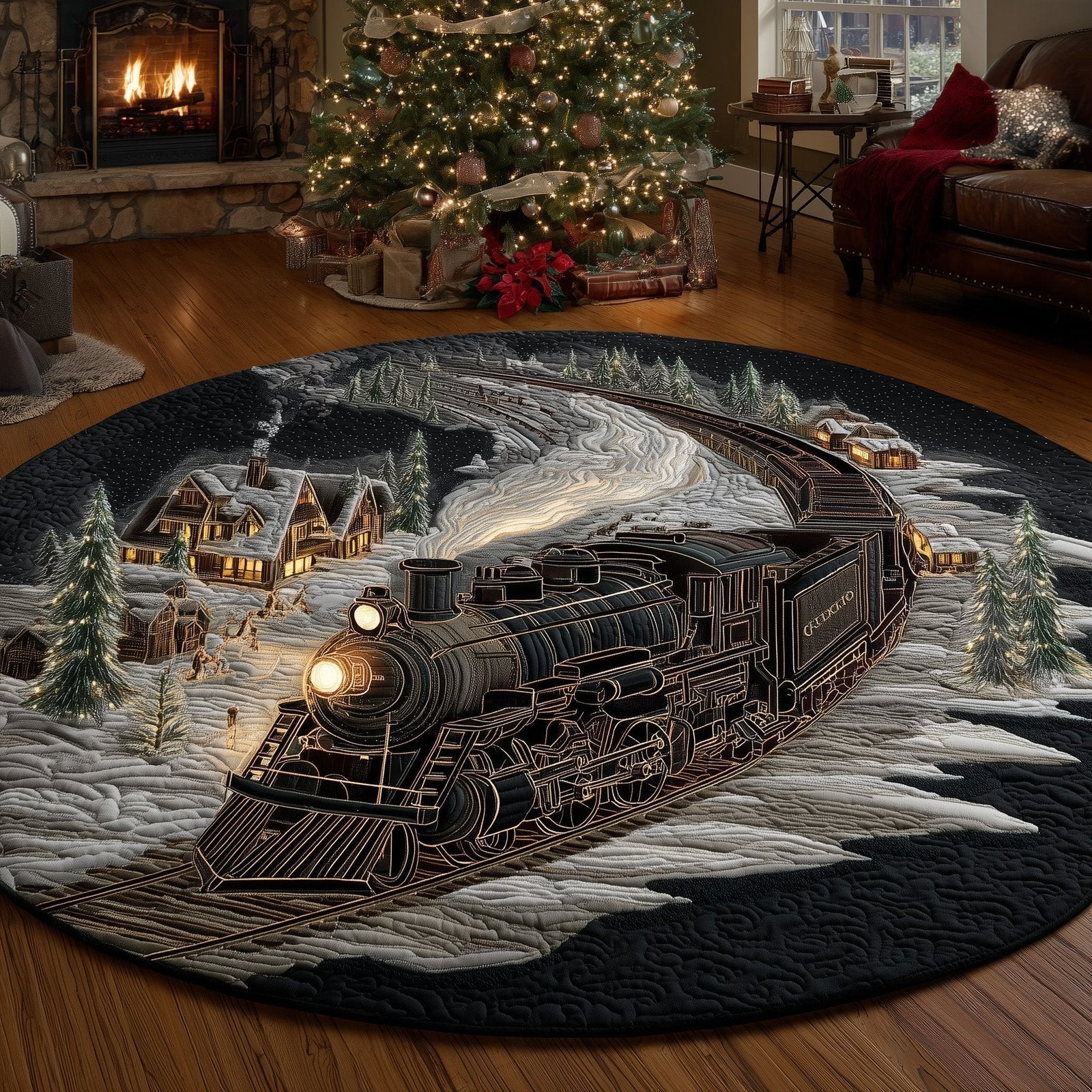 Vintage Train Round Mat Rug - washable non-slip printed rug