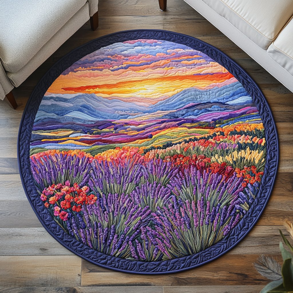 Violet Bloom Round Mat Rug - washable non-slip printed rug