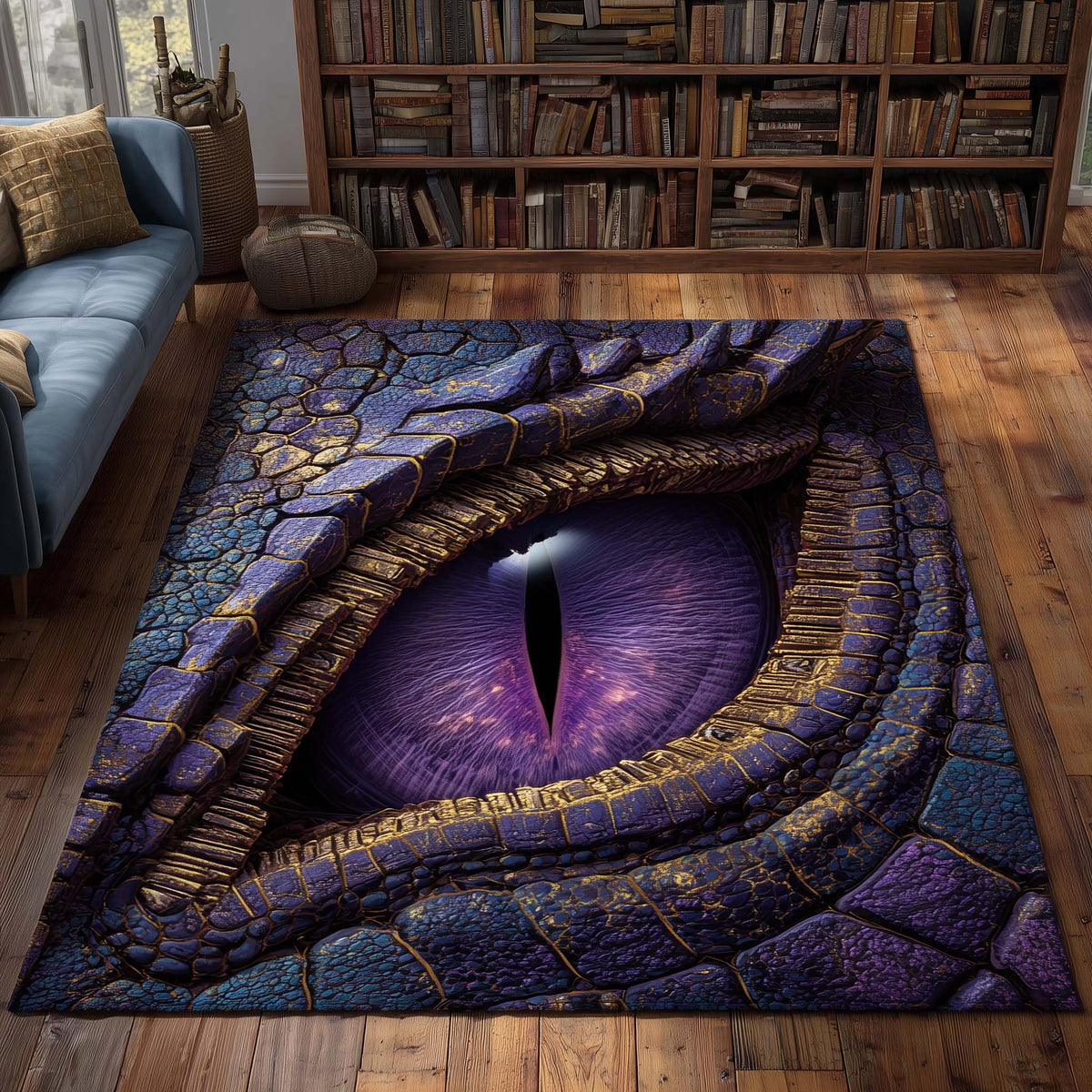 Violet Eye area rug in a living room