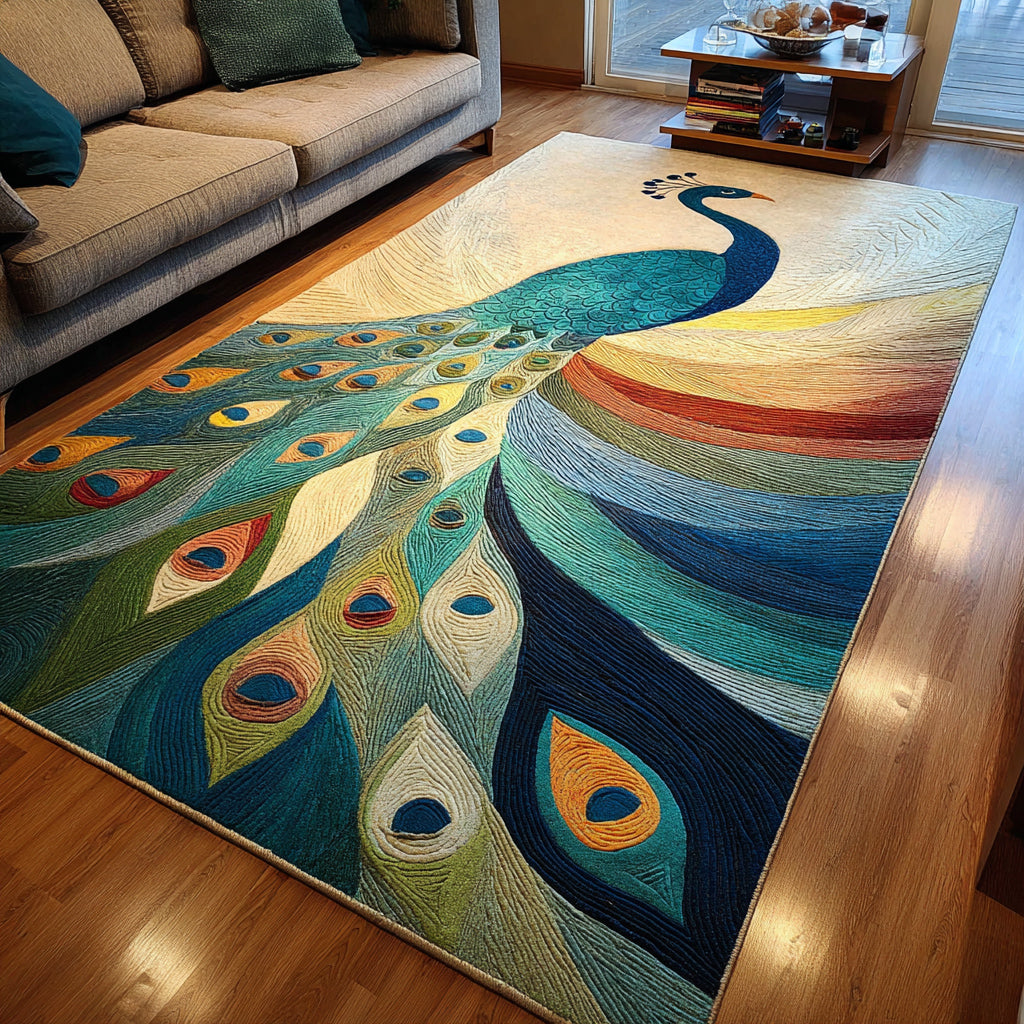 Vivid Peacock Feather area rug in a living room