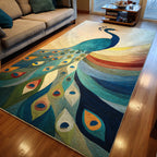 Vivid Peacock Feather area rug in a living room