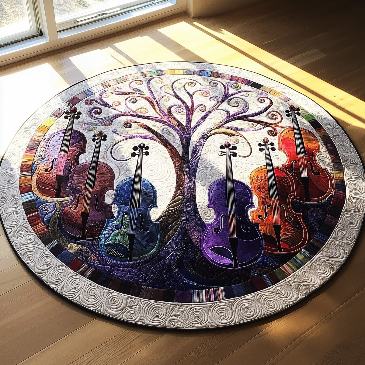 Vivid Purple Violins Round Mat Rug - Music Lover Design | Artistic Printed Decor