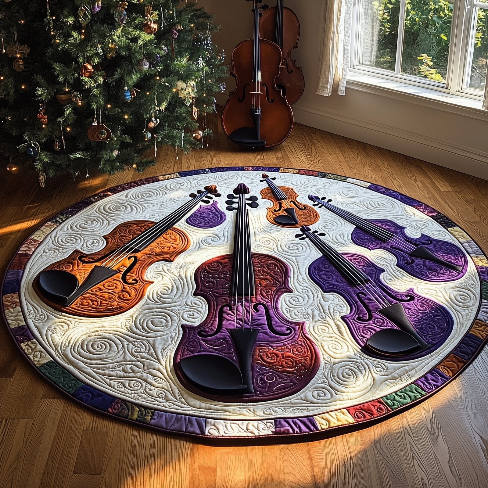 Vivid Purple Violins Round Mat Rug - Music Lover Design | Artistic Printed Decor