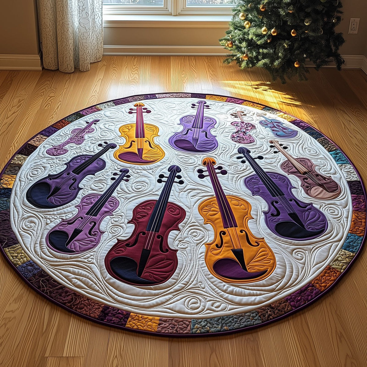 Vivid Purple Violins Round Mat Rug - Music Lover Design | Artistic Printed Decor