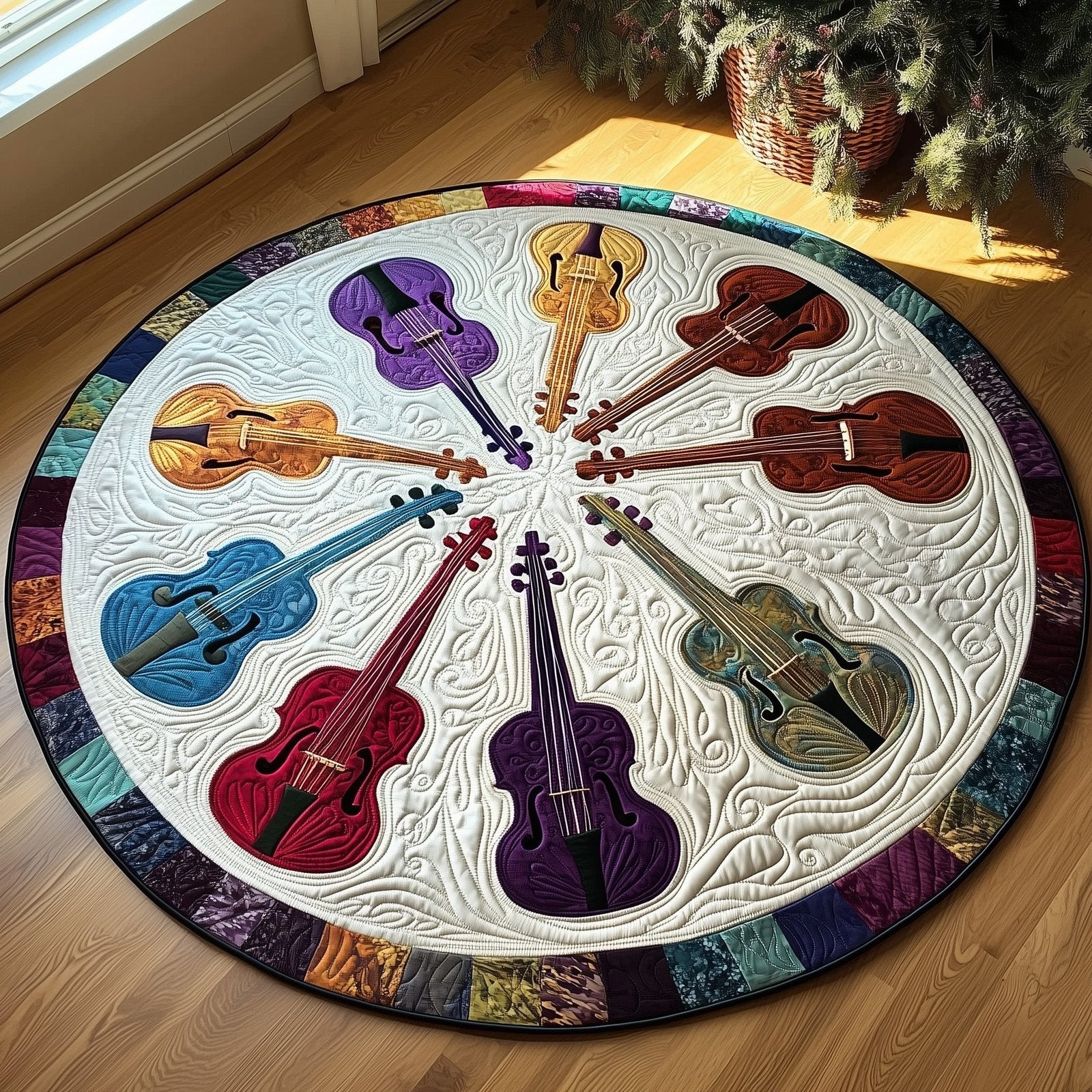 Vivid Purple Violins Round Mat Rug - Music Lover Design | Artistic Printed Decor