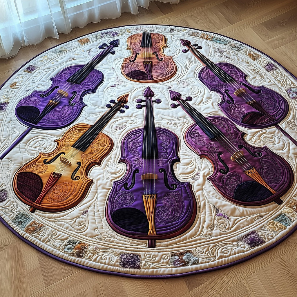 Vivid Purple Violins Round Mat Rug - Music Lover Design | Artistic Printed Decor