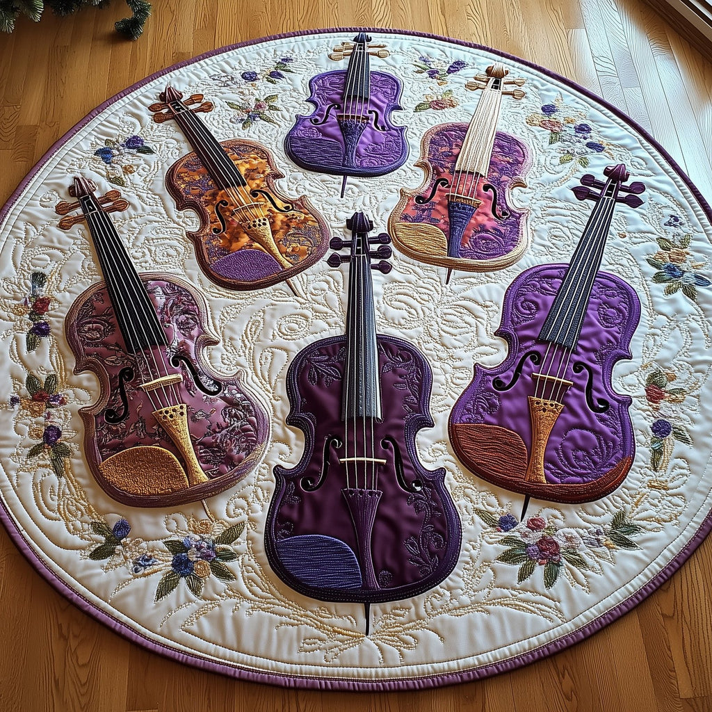 Vivid Purple Violins Round Mat Rug - Music Lover Design | Artistic Printed Decor