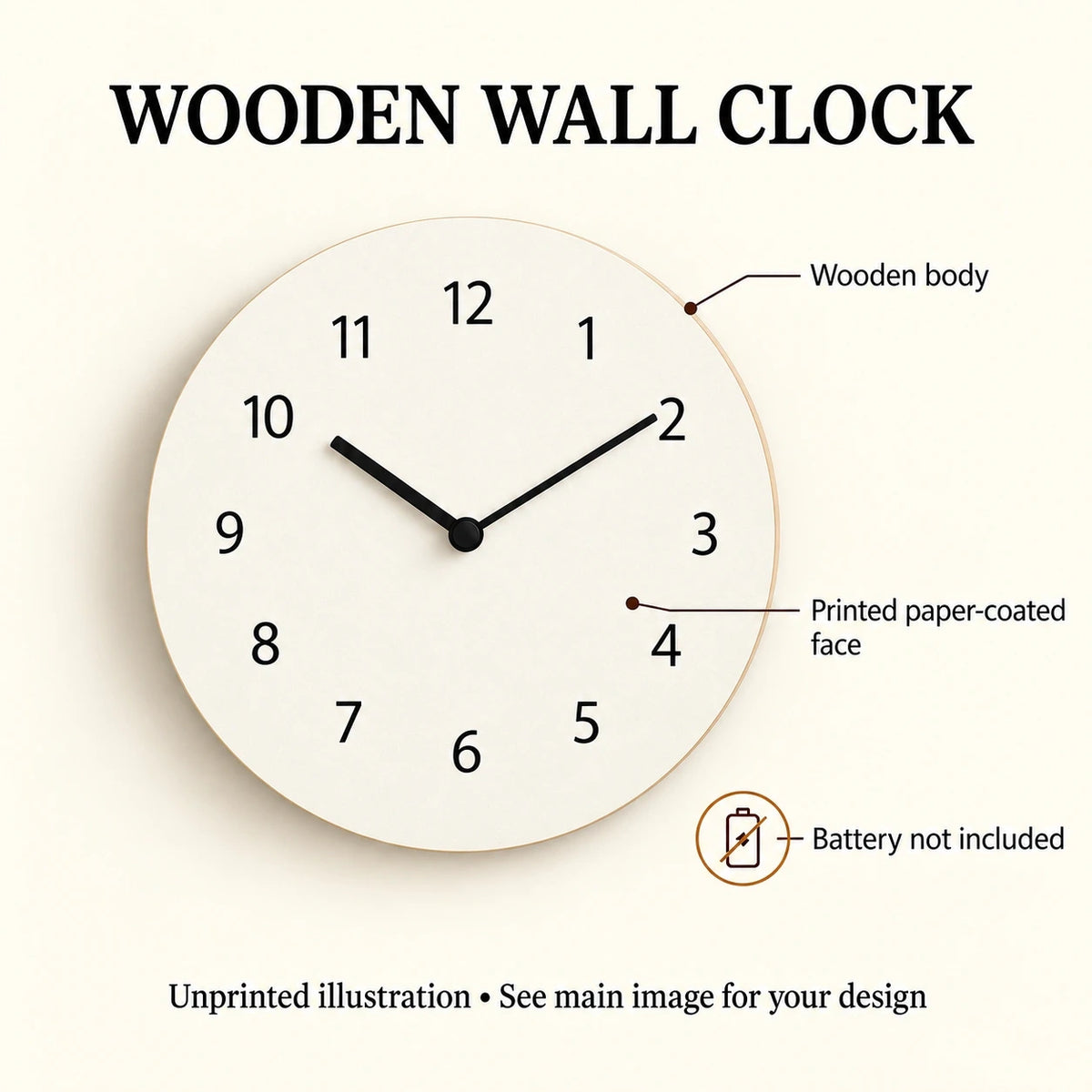 Wooden Wall Clock features guide: unprinted illustration; see main image for purchased design