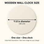 Wooden Wall Clock sizes guide: unprinted illustration; see main image for purchased design