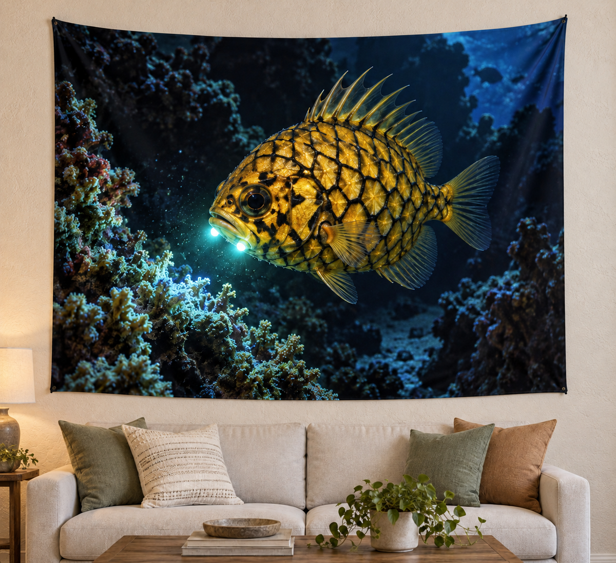 Golden armored pineapplefish with printed jaw glow before a deep blue reef on a complete landscape wall tapestry