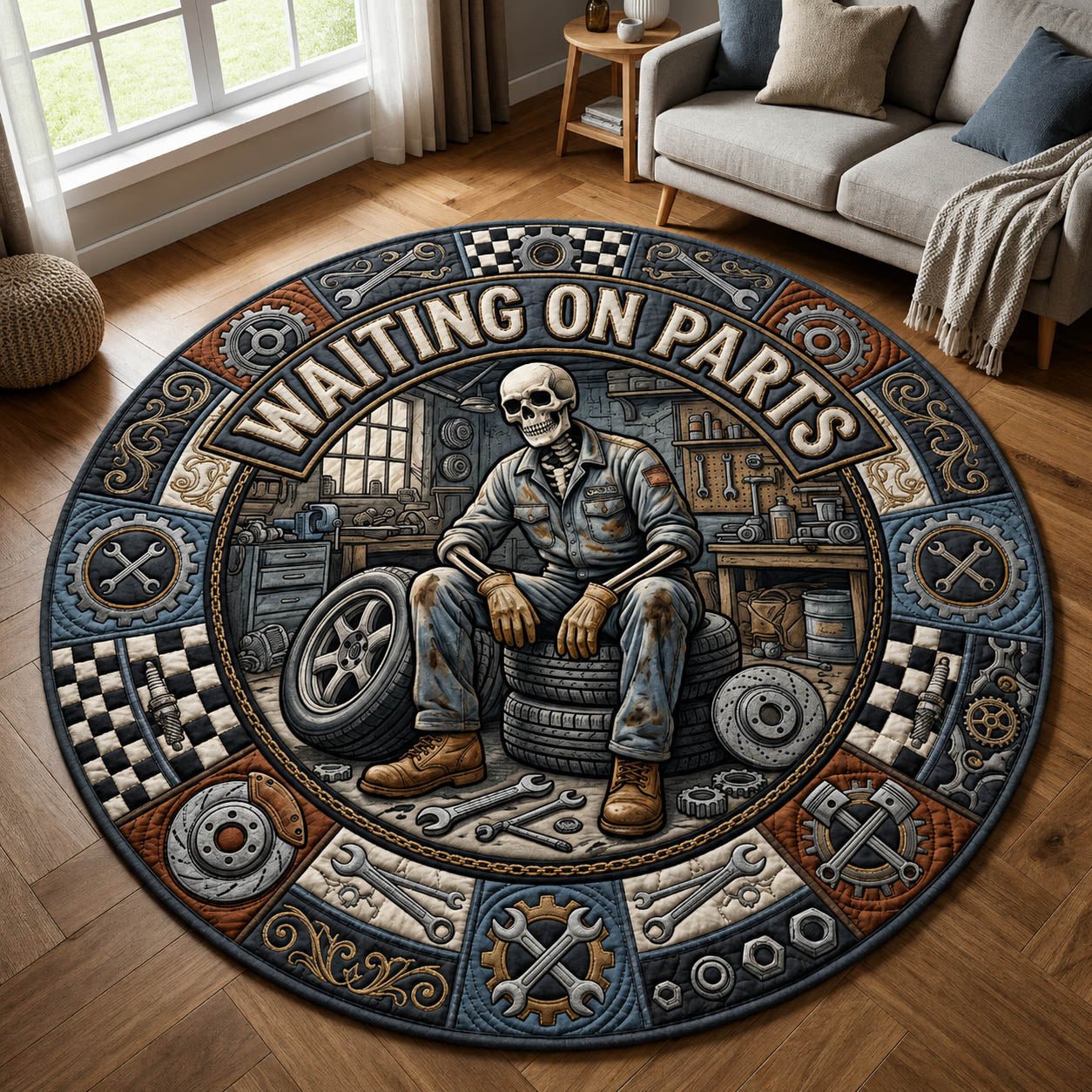 Waiting On Parts Skeleton Round Mat Rug - Nature Design | Serene Home Decor