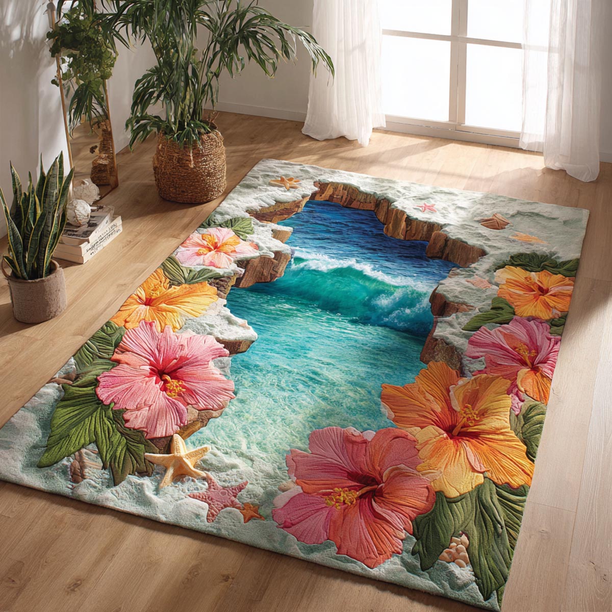 Warm Hibiscus area rug in a living room