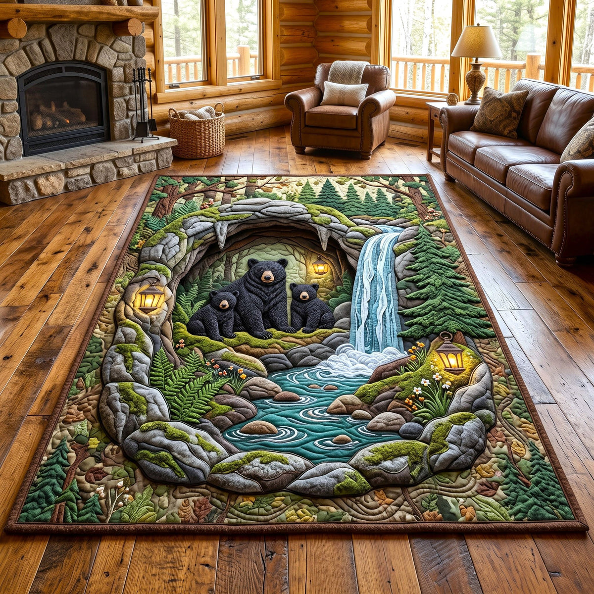 Waterfall Cave Rustic Bear area rug in a living room